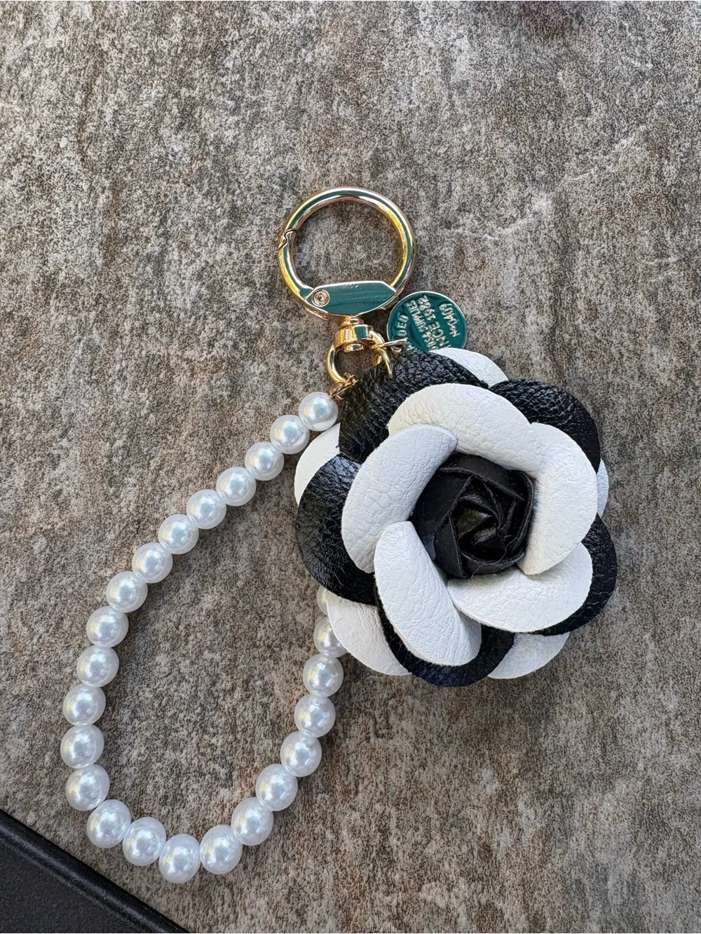 Bag Charm Keyring with Black & White Camellia & Pearl Accent NWOT